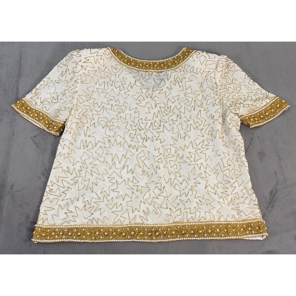 Laurence Kazar Ivory & Gold Sequined Beaded Pearl Silk Blouse Luxury XXL Charity - Picture 9 of 10